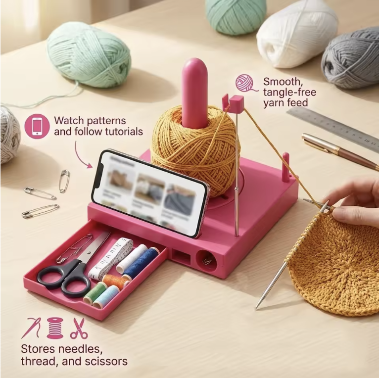 Crochet Caddy features: pull-out drawer, tangle-free yarn feed and phone holder