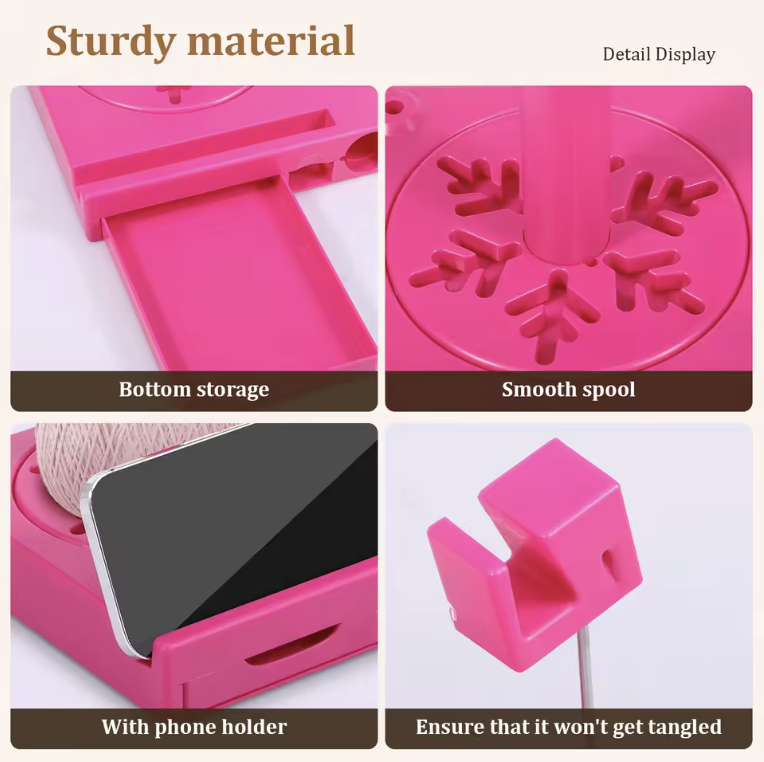 Crochet Caddy features: drawer storage, tangle-free yarn feed and phone holder