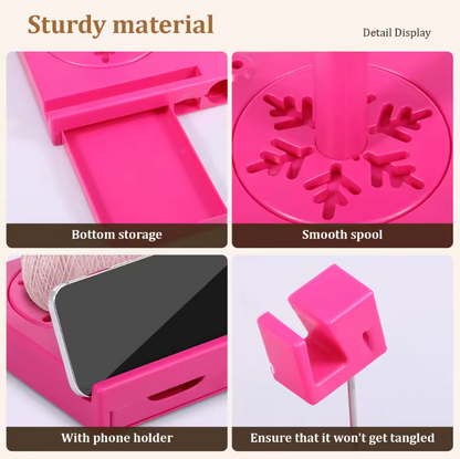 Crochet Caddy features: drawer storage, tangle-free yarn feed and phone holder