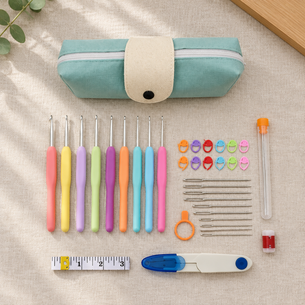 Crochet Caddy Starter Pack laid out: hooks, stitch markers, needles, snips and pouch