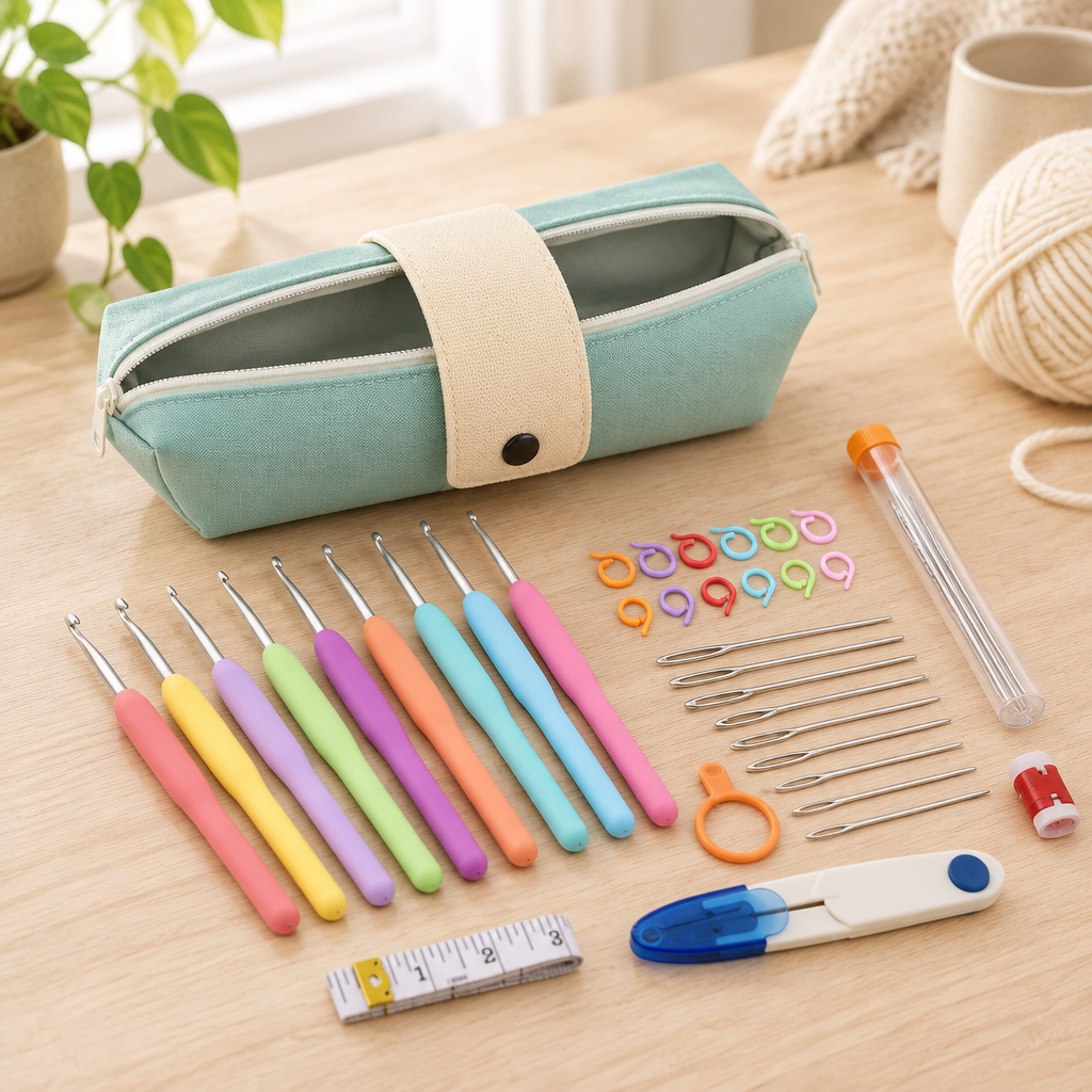 Starter Pack pouch open with crochet hooks fanned out